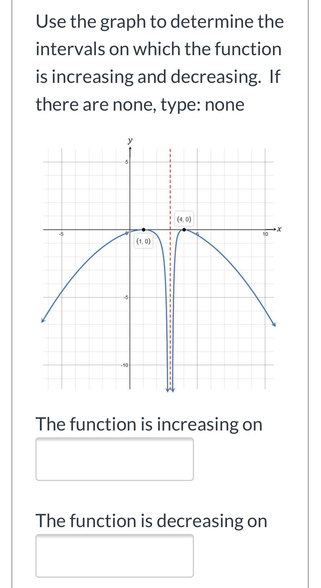 Use the graph to determine the
intervals on which the function
is increasing and decreasing. If
there are none, type: none
У
5-
(4, 0)
-5
10
(1, 0)
-5-
-10-
The function is increasing on
The function is decreasing on
