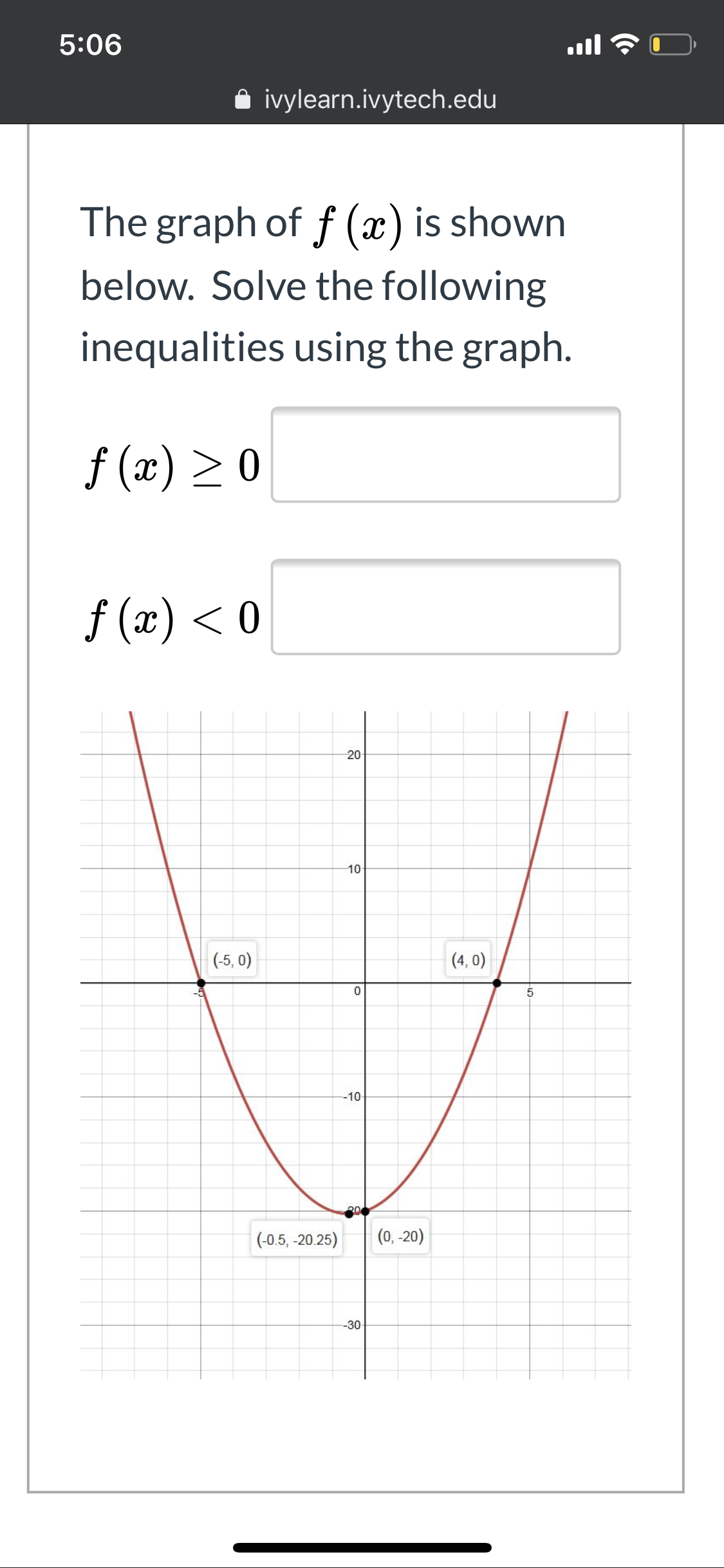 5:06
ull
O ivylearn.ivytech.edu
The graph of f (x) is shown
below. Solve the following
inequalities using the graph.
f (x) > 0
f (x) < 0
20
(-5, 0)
(4, 0)
-10
(-0.5, -20.25)
|(0, -20)
-30
10
