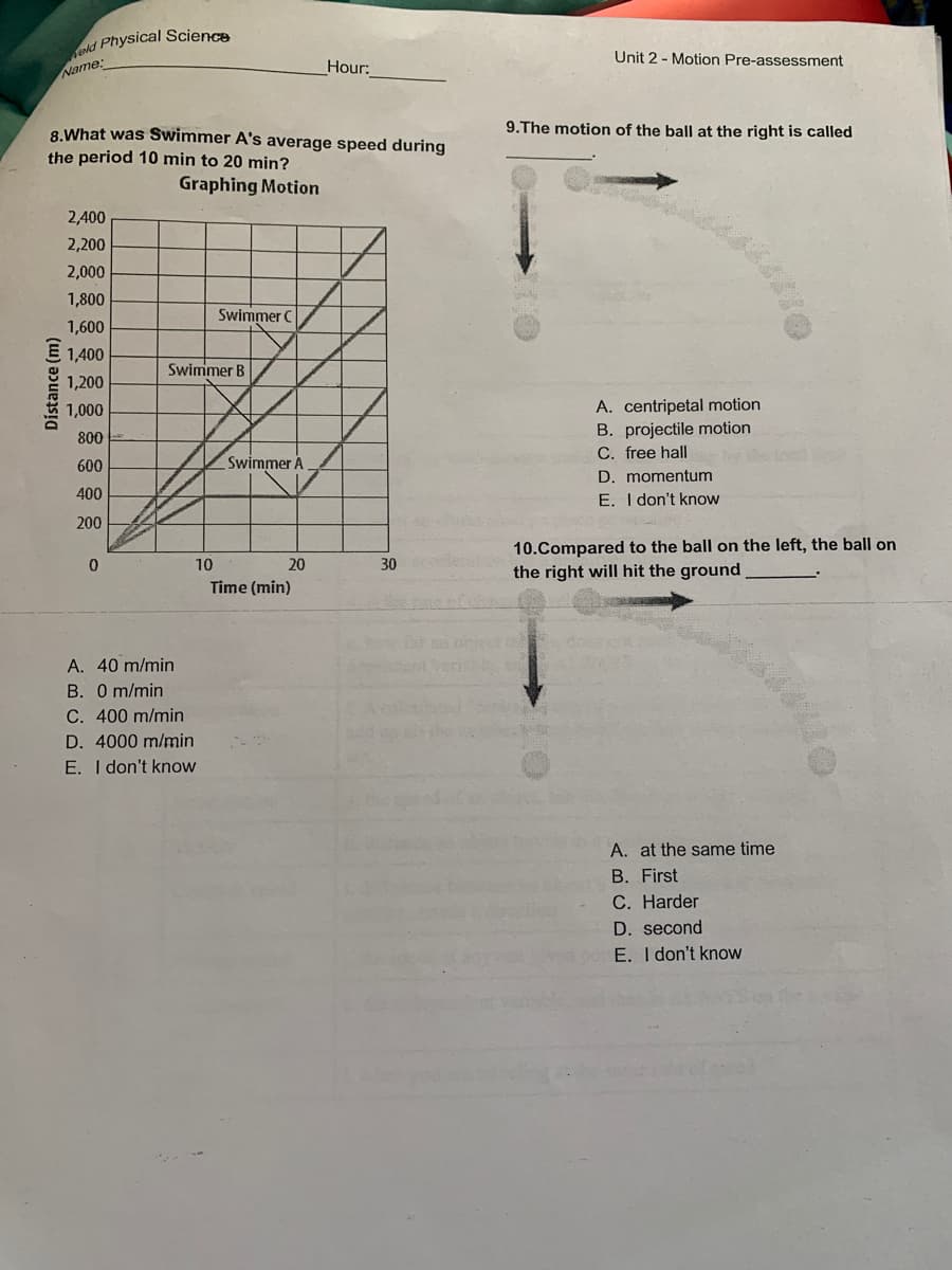 old Physical Science
Unit 2 - Motion Pre-assessment
Name:
Hour:
9.The motion of the ball at the right is called
8.What was Swimmer A's average speed during
the period 10 min to 20 min?
Graphing Motion
2,400
2,200
2,000
1,800
Swimmer C
1,600
1,400
Swimmer B
1,200
A. centripetal motion
B. projectile motion
C. free hall
1,000
800
600
Swimmer A
D. momentum
400
E. I don't know
200
10.Compared to the ball on the left, the ball on
the right will hit the ground
10
20
30
Time (min)
A. 40 m/min
B. 0 m/min
C. 400 m/min
D. 4000 m/min
E. I don't know
A. at the same time
B. First
C. Harder
D. second
E. I don't know
Distance (m)
