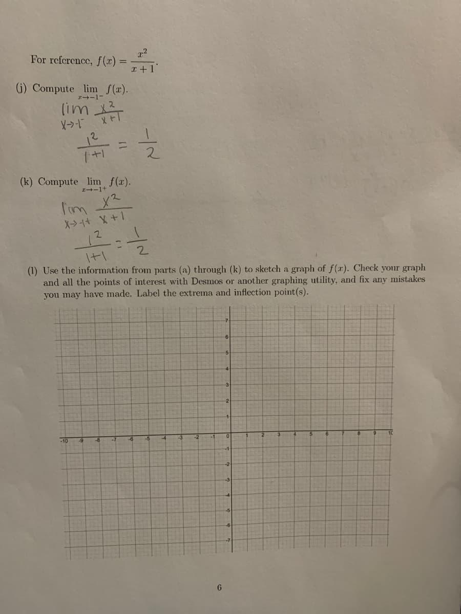 For reference, f (x)
I +1'
(i) Compute lim f(x).
r--1-
(im 12
メ→T
(k) Compute lim f(a).
I--1+
lim X2
2
2.
(1) Use the information from parts (a) through (k) to sketch a graph of f(x). Check your graph
and all the points of interest with Desmos or another graphing utility, and fix any mistakes
you may have made. Label the extrema and inflection point(s).
-10
6
