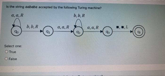 Is the string aababa accepted by the following Turing machine?
а, а, R
b, b, R
b, b, R
а, а, R
а, а, R
1, 1, L
90
Select one:
O True
False
