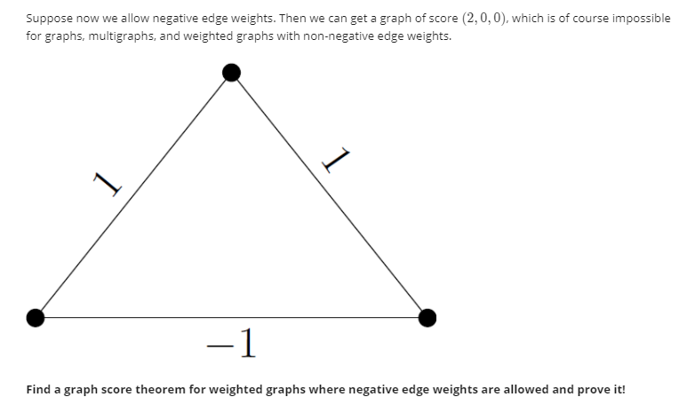 Suppose now we allow negative edge weights. Then we can get a graph of score (2,0,0), which is of course impossible
for graphs, multigraphs, and weighted graphs with non-negative edge weights.
-1
Find a graph score theorem for weighted graphs where negative edge weights are allowed and prove it!
1
