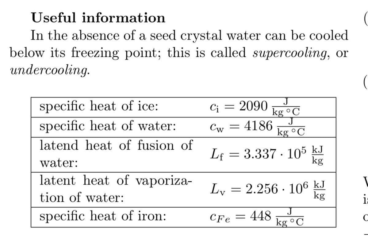 Useful information
In the absence of a seed crystal water can be cooled
below its freezing point; this is called supercooling, or
undercooling.
specific heat of ice:
2090
kg °C
Ci
specific heat of water:
Cw = 4186
kg °C
latend heat of fusion of
Lf = 3.337 · 105 kJ
water:
latent heat of vaporiza-
Ly =
2.256 · 106 kJ
kg
tion of water:
i:
specific heat of iron:
CFe = 448
kg °C
C
