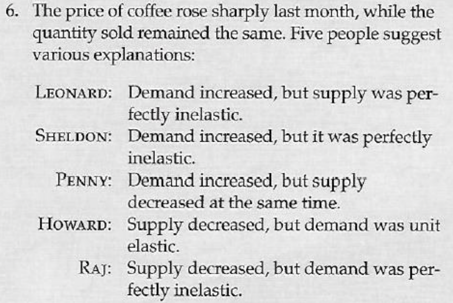 6. The price of coffee rose sharply last month, while the
quantity sold remained the same. Five people suggest
various explanations:
LEONARD: Demand increased, but supply was per-
fectly inelastic.
SHELDON: Demand increased, but it was perfectly
inelastic.
PENNY: Demand increased, but supply
decreased at the same time.
HOWARD: Supply decreased, but demand was unit
elastic.
RAJ: Supply decreased, but demand was per-
fectly inelastic.
