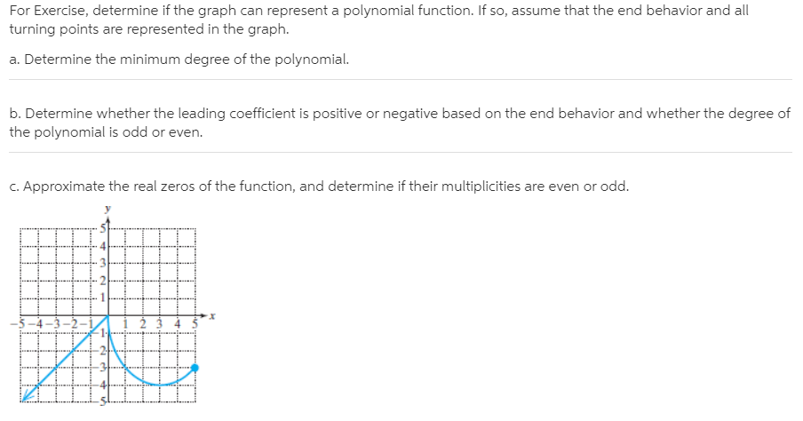 For Exercise, determine if the graph can represent a polynomial function. If so, assume that the end behavior and all
turning points are represented in the graph.
a. Determine the minimum degree of the polynomial.
b. Determine whether the leading coefficient is positive or negative based on the end behavior and whether the degree of
the polynomial is odd or even.
C. Approximate the real zeros of the function, and determine if their multiplicities are even or odd.
5 –4 –3 –2–1
