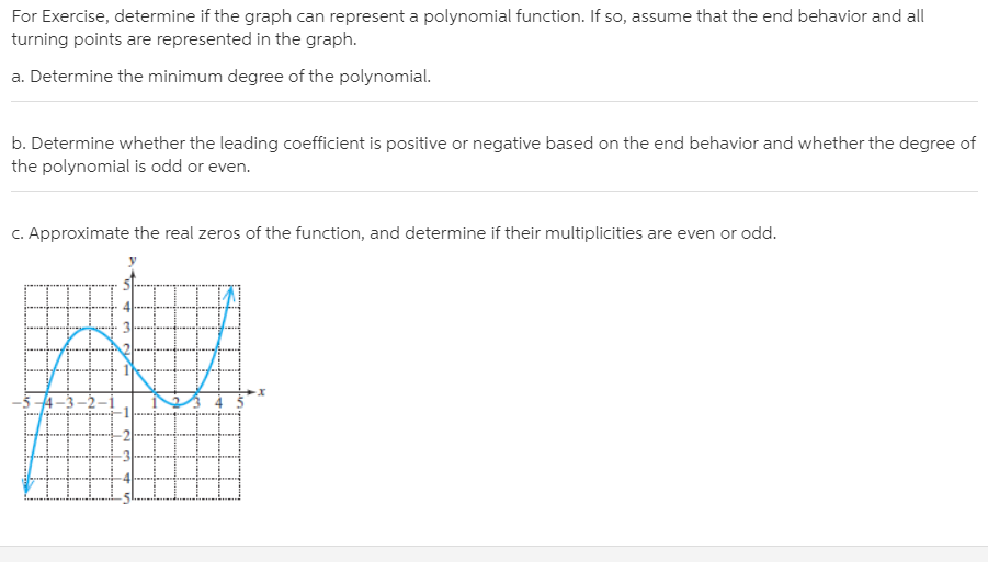 For Exercise, determine if the graph can represent a polynomial function. If so, assume that the end behavior and all
turning points are represented in the graph.
a. Determine the minimum degree of the polynomial.
b. Determine whether the leading coefficient is positive or negative based on the end behavior and whether the degree of
the polynomial is odd or even.
C. Approximate the real zeros of the function, and determine if their multiplicities are even or odd.
