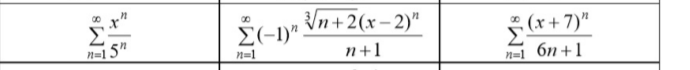 Vn+2(x-2)"
Σ
n=1 5"
5 (x + 7)"
6n +1
E(-1)"
n=1
n+1
n=1
