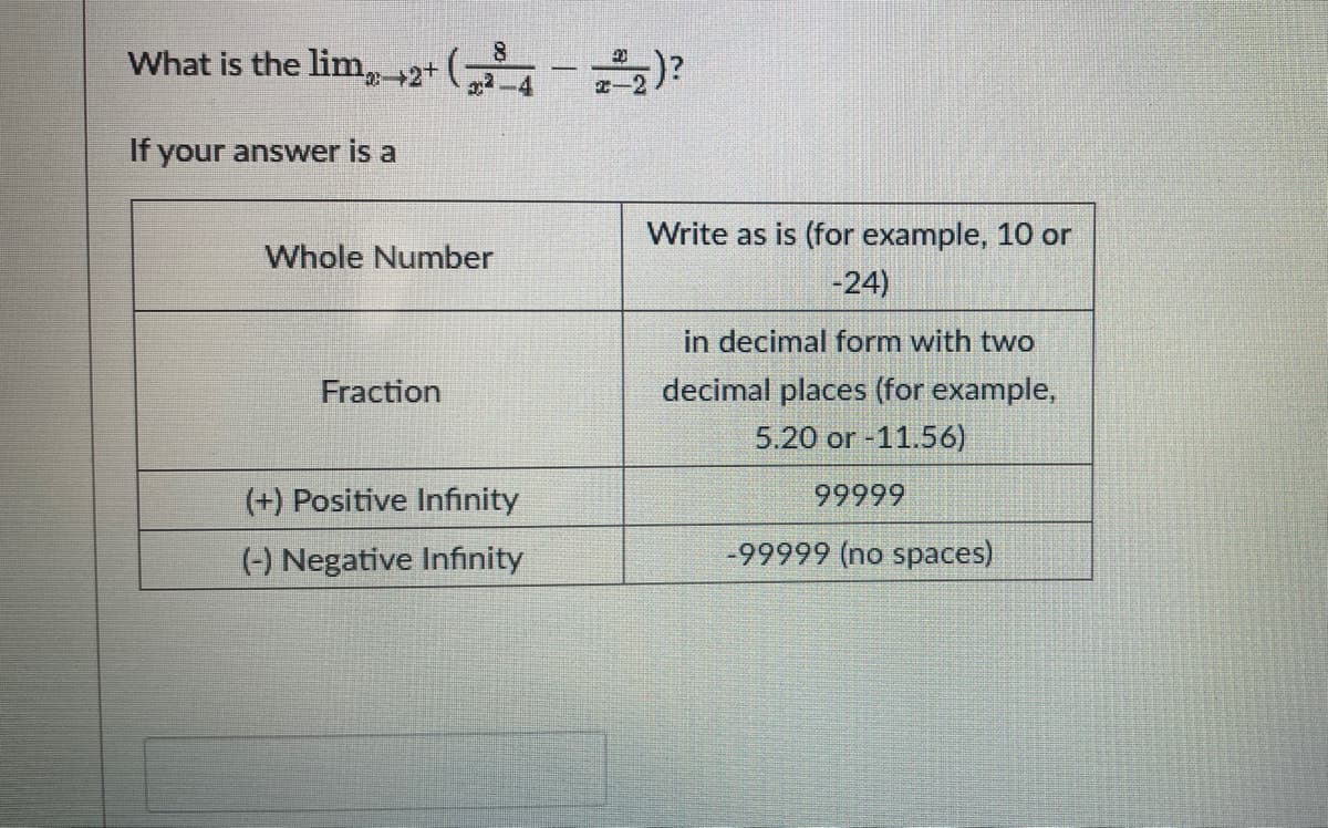 8
What is the lim, +2+ (²4²2)?
If your answer is a
Whole Number
Fraction
(+) Positive Infinity
(-) Negative Infinity
Write as is (for example, 10 or
-24)
in decimal form with two
decimal places (for example,
5.20 or -11.56)
99999
-99999 (no spaces)