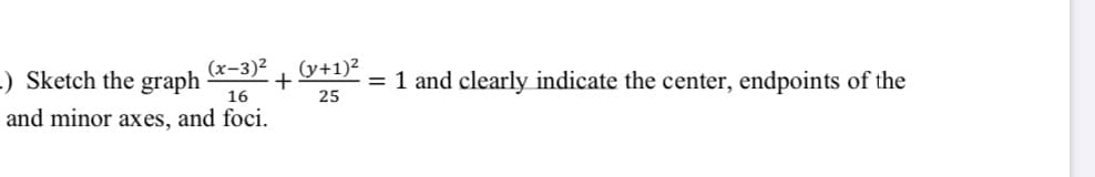 ) Sketch the graph *-3)-
and minor axes, and foci.
(y+1)²
= 1 and clearly indicate the center, endpoints of the
25
16

