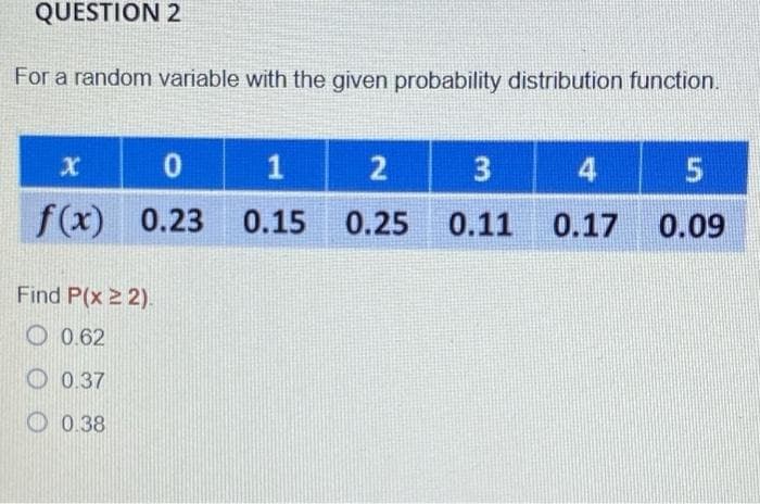 QUESTION 2
For a random variable with the given probability distribution function.
1
2
4
f(x) 0.23 0.15
0.25
0.11
0.17
0.09
Find P(x 2 2).
O 0.62
O 0.37
O 0.38

