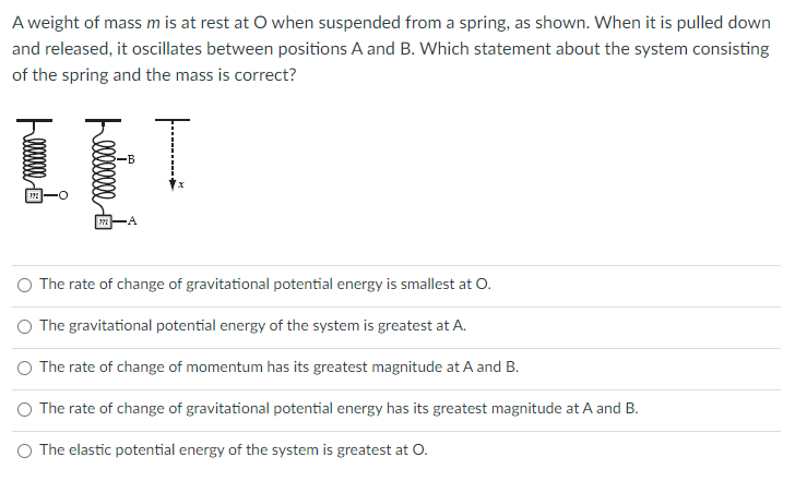 A weight of mass m is at rest at O when suspended from a spring, as shown. When it is pulled down
and released, it oscillates between positions A and B. Which statement about the system consisting
of the spring and the mass is correct?
O The rate of change of gravitational potential energy is smallest at O.
O The gravitational potential energy of the system is greatest at A.
O The rate of change of momentum has its greatest magnitude at A and B.
O The rate of change of gravitational potential energy has its greatest magnitude at A and B.
O The elastic potential energy of the system is greatest at O.
