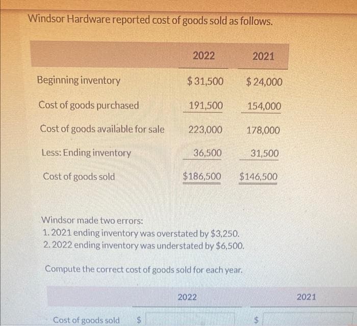 Windsor Hardware reported cost of goods sold as follows.
2022
2021
Beginning inventory
$31,500
$24,000
Cost of goods purchased
191,500
154,000
Cost of goods available for sale
223,000
178,000
Less: Ending inventory
36.500
31,500
Cost of goods sold
$186,500
$146,500
Windsor made two errors:
1.2021 ending inventory was overstated by $3.250.
2.2022 ending inventory was understated by $6,500.
Compute the correct cost of goods sold for each year.
2022
2021
Cost of goods sold
24
%24
