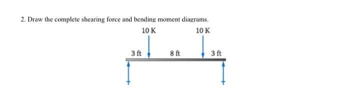 2. Draw the complete shearing force and bending moment diagrams.
10 K
10 K
3 ft
8 ft
3 ft
