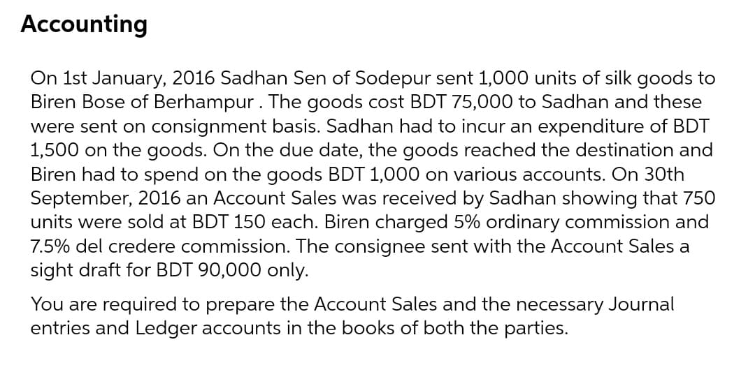 Accounting
On 1st January, 2016 Sadhan Sen of Sodepur sent 1,000 units of silk goods to
Biren Bose of Berhampur. The goods cost BDT 75,000 to Sadhan and these
were sent on consignment basis. Sadhan had to incur an expenditure of BDT
1,500 on the goods. On the due date, the goods reached the destination and
Biren had to spend on the goods BDT 1,000 on various accounts. On 30th
September, 2016 an Account Sales was received by Sadhan showing that 750
units were sold at BDT 150 each. Biren charged 5% ordinary commission and
7.5% del credere commission. The consignee sent with the Account Sales a
sight draft for BDT 90,000 only.
You are required to prepare the Account Sales and the necessary Journal
entries and Ledger accounts in the books of both the parties.
