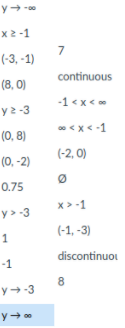 x2 -1
(-3, -1)
continuous
(8, 0)
-1 <x<
y2 -3
0 <x< -1
(0, 8)
(-2, 0)
(0, -2)
0.75
x> -1
y> -3
(-1, -3)
discontinuou
-1
8.
y-3
