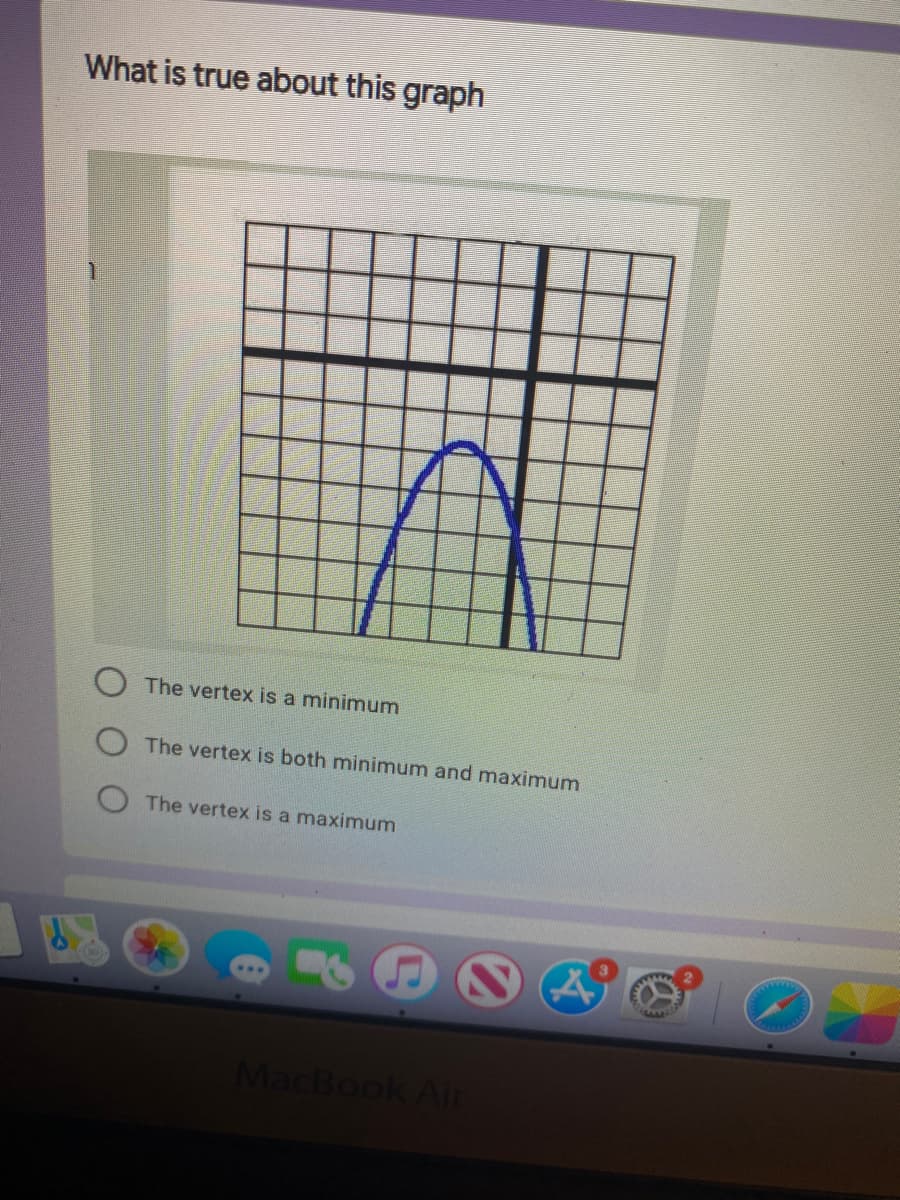 What is true about this graph
O The vertex is a minimum
The vertex is both minimum and maximum
O The vertex is a maximum
MacBook Air

