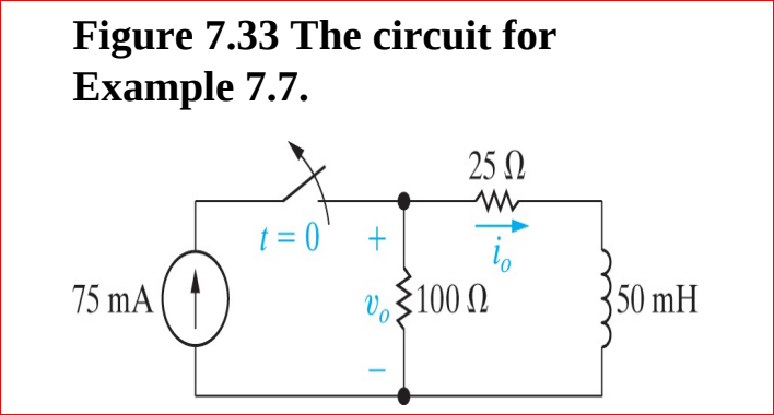 Figure 7.33 The circuit for
Example 7.7.
25 N
t = 0
io
75 mA
100 0
350 mH
