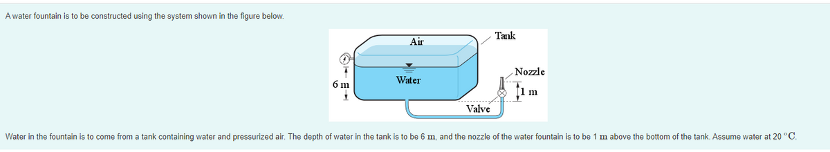 A water fountain is to be constructed using the system shown in the figure below.
Tank
Air
Nozzle
Water
6 m
m
Valve
Water in the fountain is to come from a tank containing water and pressurized air. The depth of water in the tank is to be 6 m, and the nozzle of the water fountain is to be 1 m above the bottom of the tank. Assume water at 20 °C.
