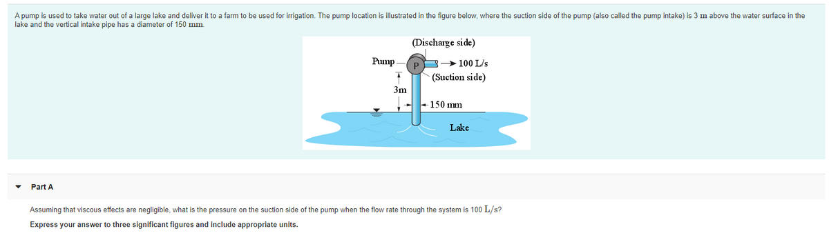 A pump is used to take water out of a large lake and deliver it to a farm to be used for irrigation. The pump location is illustrated in the figure below, where the suction side of the pump (also called the pump intake) is 3 m above the water surface in the
lake and the vertical intake pipe has a diameter of 150 mm.
(Discharge side)
Pump -
>100 L/s
P
(Suction side)
3m
-150 mm
Lake
Part A
Assuming that viscous effects are negligible, what is the pressure on the suction side of the pump when the flow rate through the system is 100 L/s?
Express your answer to three significant figures and include appropriate units.
