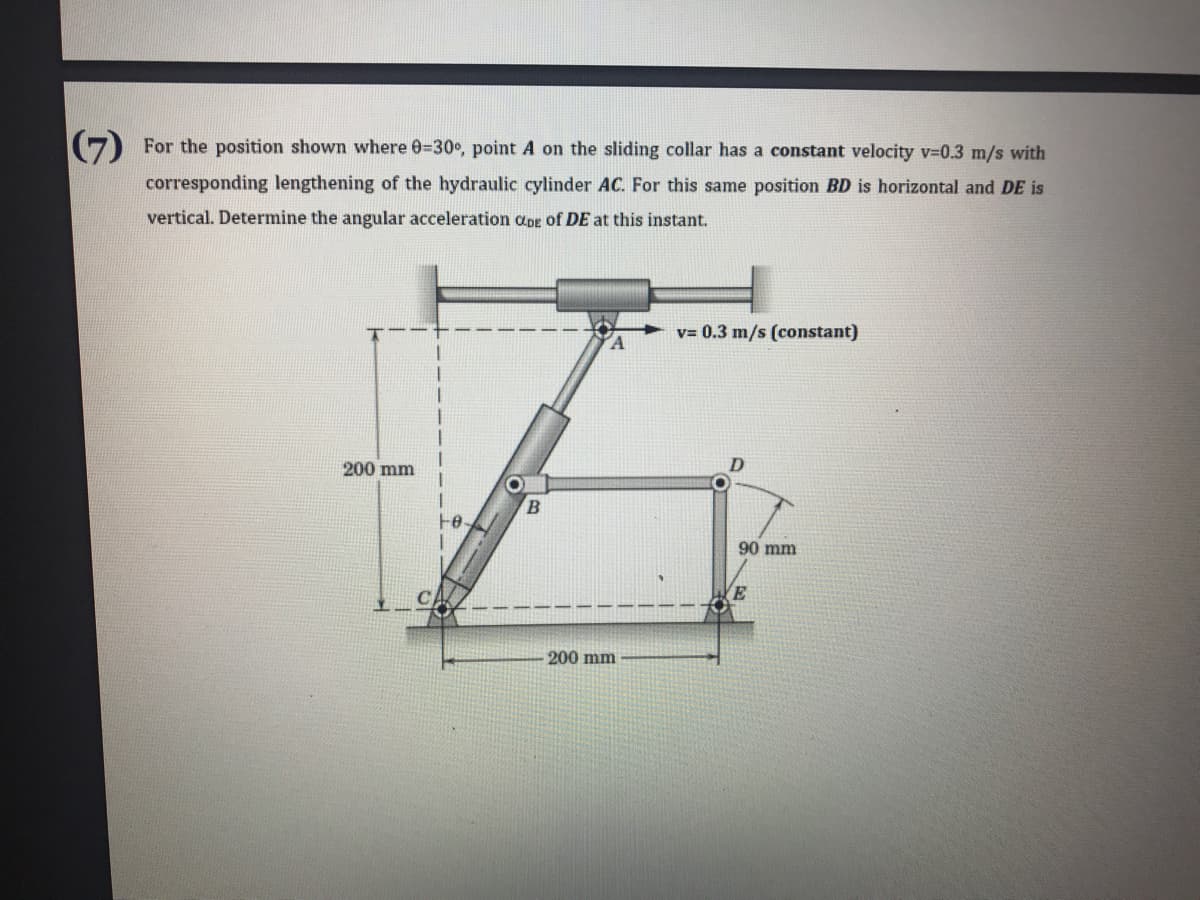 (7) For the position shown where 0=30, point A on the sliding collar has a constant velocity v-D0.3 m/s with
corresponding lengthening of the hydraulic cylinder AC. For this same position BD is horizontal and DE is
vertical. Determine the angular acceleration aDE of DE at this instant.
v= 0.3 m/s (constant)
200 mm
90 mm
200 mm
