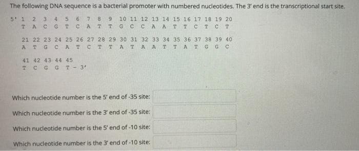 The following DNA sequence is a bacterial promoter with numbered nucleotides. The 3' end is the transcriptional start site.
5 1
2
3 4
6
7 8
9 10 11 12 13 14 15 16 17 18 19 20
T CA T T GCCA ATT CT CT
T A
с G
21 22 23 24 25 26 27 28 29 30 31 32 33 34 35 36 37 38 39 40
ATG CATCTTATA A TTATGG C
41 42 43 44 45
TCGG T-3'
Which nucleotide number is the 5' end of -35 site:
Which nucleotide number is the 3' end of -35 site:
Which nucleotide number is the 5' end of -10 site:
Which nucleotide number is the 3' end of -10 site:
30
57
na
VL