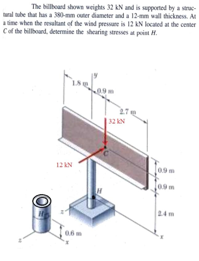 The billboard shown weights 32 kN and is supported by a struc-
tural tube that has a 380-mm outer diameter and a 12-mm wall thickness. At
a time when the resultant of the wind pressure is 12 kN located at the center
C of the billboard, determine the shearing stresses at point H.
1.8 m
0.9 m
2.7 m
32 kN
12 kN
0.9 m
0.9 m
H
24 m
0.6 m
