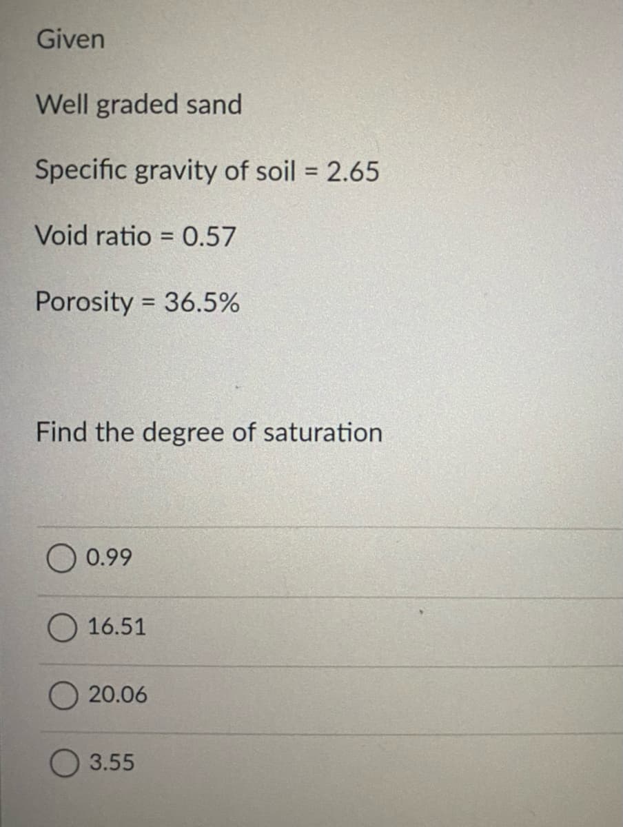 Given
Well graded sand
Specific gravity of soil = 2.65
%3D
Void ratio = 0.57
%3D
Porosity = 36.5%
Find the degree of saturation
0.99
O16.51
20.06
O 3.55
