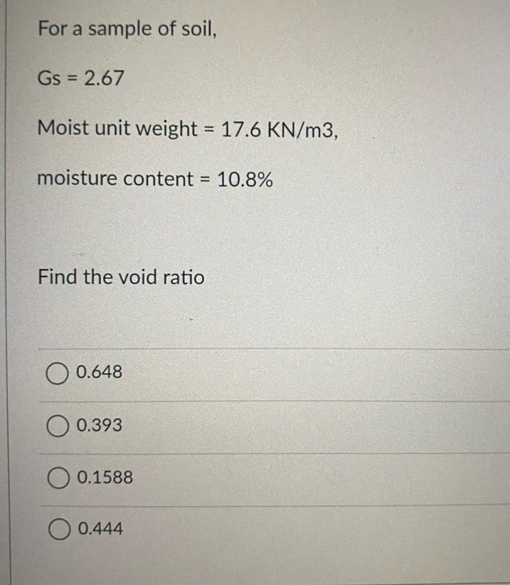For a sample of soil,
Gs = 2.67
Moist unit weight = 17.6 KN/m3,
moisture content = 10.8%
%3D
Find the void ratio
0.648
O 0.393
0.1588
O 0.444
