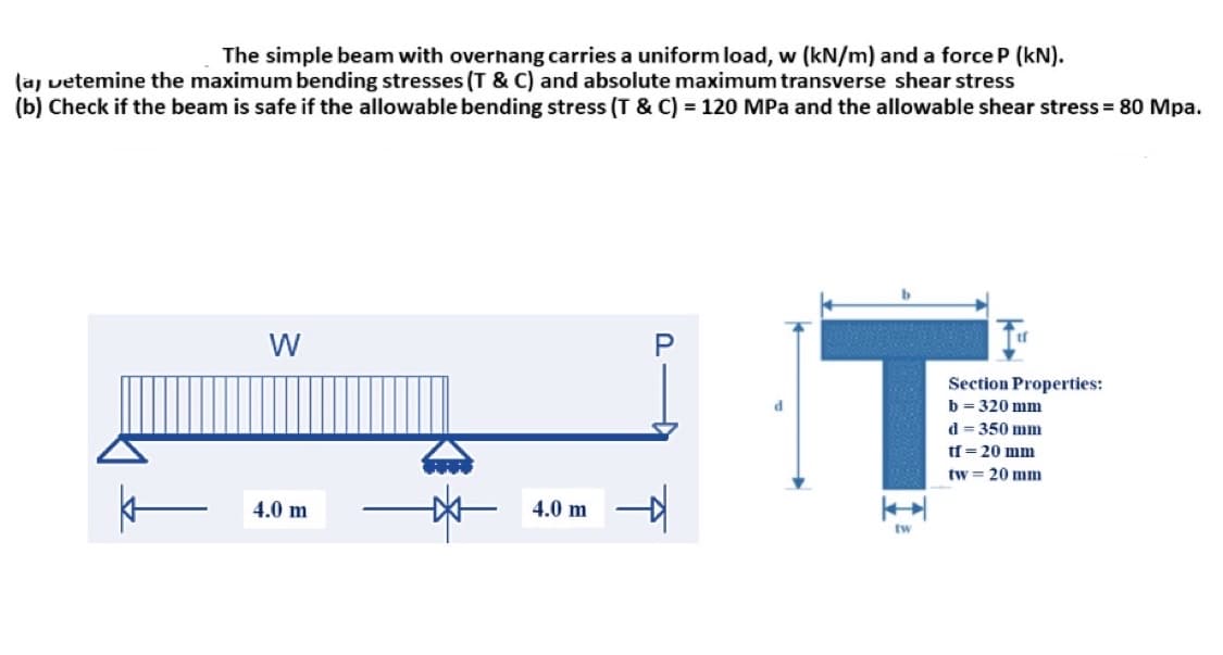 The simple beam with overhang carries a uniform load, w (kN/m) and a force P (kN).
(aj vetemine the maximum bending stresses (T & C) and absolute maximum transverse shear stress
(b) Check if the beam is safe if the allowable bending stress (T & C) = 120 MPa and the allowable shear stress = 80 Mpa.
W
4.0 m
4.0 m
T
tw
Section Properties:
b=320 mm
d = 350 mm
tf = 20 mm
tw = 20 mm