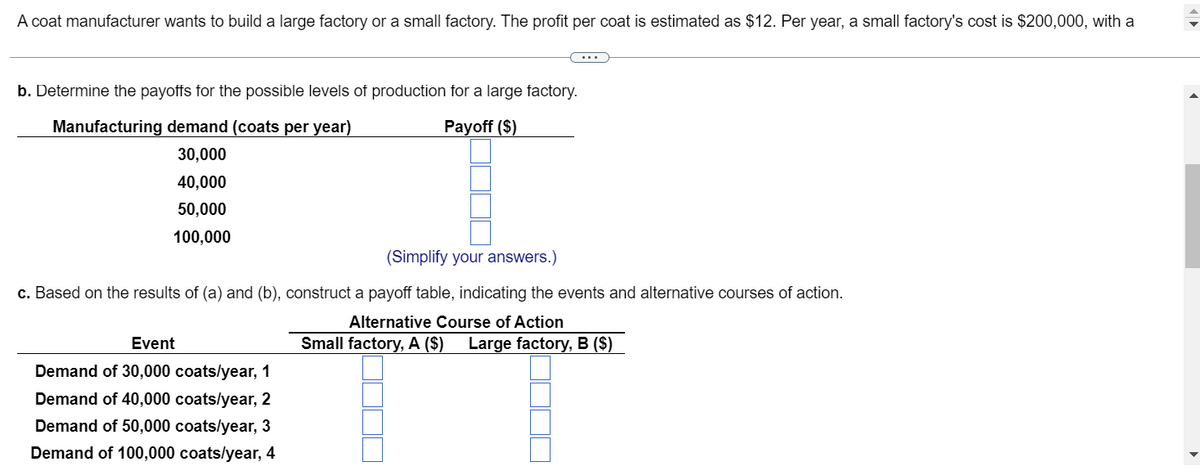 A coat manufacturer wants to build a large factory or a small factory. The profit per coat is estimated as $12. Per year, a small factory's cost is $200,000, with a
b. Determine the payoffs for the possible levels of production for a large factory.
Manufacturing demand (coats per year)
Payoff ($)
30,000
40,000
50,000
100,000
(Simplify your answers.)
c. Based on the results of (a) and (b), construct a payoff table, indicating the events and alternative courses of action.
Alternative Course of Action
Small factory, A ($) Large factory, B ($)
Event
Demand of 30,000 coats/year, 1
Demand of 40,000 coats/year, 2
Demand of 50,000 coats/year, 3
Demand of 100,000 coats/year, 4