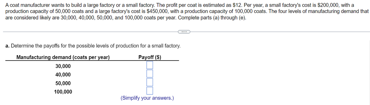 A coat manufacturer wants to build a large factory or a small factory. The profit per coat is estimated as $12. Per year, a small factory's cost is $200,000, with a
production capacity of 50,000 coats and a large factory's cost is $450,000, with a production capacity of 100,000 coats. The four levels of manufacturing demand that
are considered likely are 30,000, 40,000, 50,000, and 100,000 coats per year. Complete parts (a) through (e).
a. Determine the payoffs for the possible levels of production for a small factory.
Manufacturing demand (coats per year)
Payoff ($)
30,000
40,000
50,000
100,000
(Simplify your answers.)