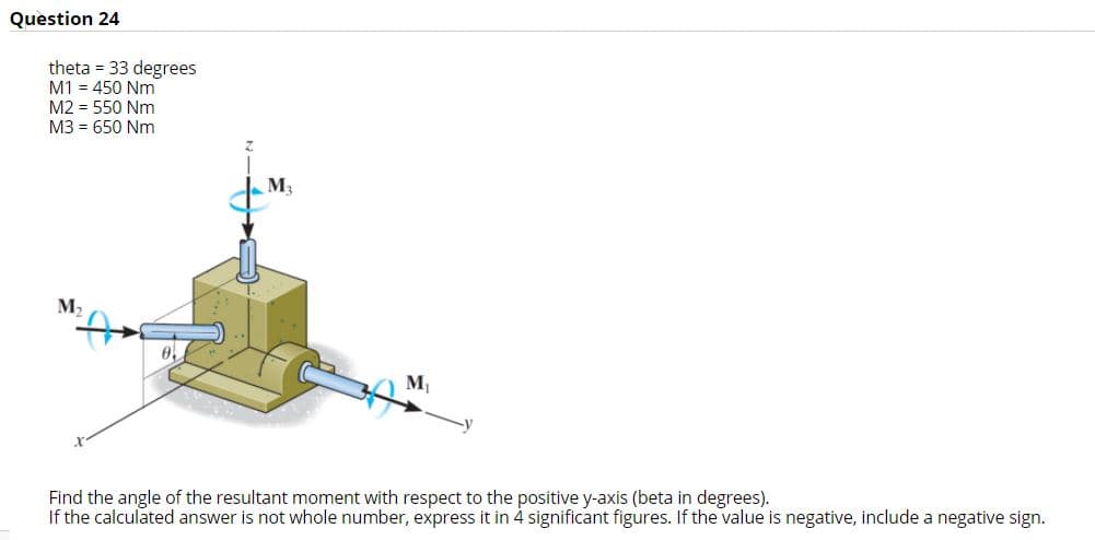 Question 24
theta = 33 degrees
M1 = 450 Nm
M2 = 550 Nm
M3 = 650 Nm
M3
M,
0.
M,
Find the angle of the resultant moment with respect to the positive y-axis (beta in degrees).
If the calculated answer is not whole number, express it in 4 significant figures. If the value is negative, include a negative sign.
