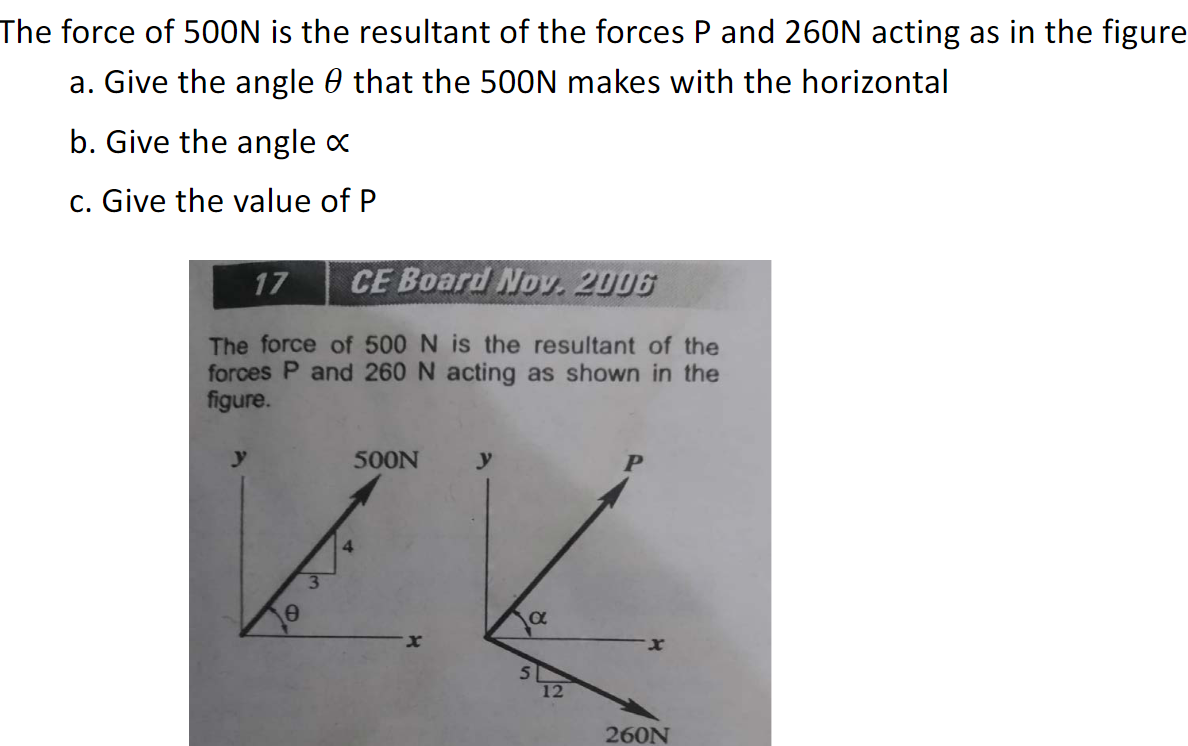 The force of 500N is the resultant of the forces P and 260N acting as in the figure
a. Give the angle that the 500N makes with the horizontal
b. Give the angle x
c. Give the value of P
17 CE Board Nov. 2006
The force of 500 N is the resultant of the
forces P and 260 N acting as shown in the
figure.
500N
ZV
y
5
12
260N