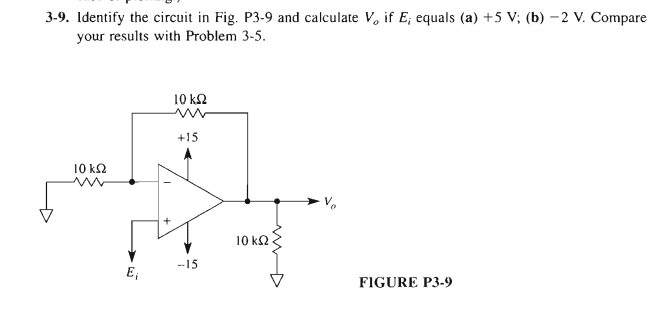 3-9. Identify the circuit in Fig. P3-9 and calculate V, if E; equals (a) +5 V; (b) -2 V. Compare
your results with Problem 3-5.
10 k2
+15
10 k2
10 k2
-15
E;
FIGURE P3-9
