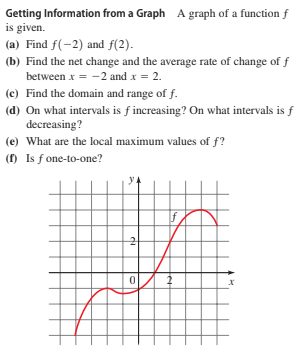Getting Information from a Graph A graph of a function f
is given.
(a) Find f(-2) and f(2).
(b) Find the net change and the average rate of change of f
between x = -2 and x = 2.
(c) Find the domain and range of f.
(d) On what intervals is f increasing? On what intervals is f
decreasing?
(e) What are the local maximum values of f?
(1) Is f one-to-one?
