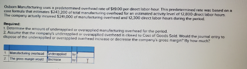 Osborn Manufacturing uses a predetermined overhead rate of S19.00 per direct labor hour. This predetermined rate wae based on a
cost formula that estimates $243,200 of total manufacturing overhead for an estimated activity level of 12 800 direct labor-hours
The company actually incurred $241,000 of manufacturing overhead annd 12,300 direct labor-hours during the period
Required:
1. Determine the amount of underapplied or overapplied manufecturing averhead for the period.
2. Assume that the company's underapplied or overapplied overhead is closed to Cost of Goods Sold. Would the journal entry to
dis pose of the underapplied or overapplied overhead increase or decrease the company's gross margin? By how much?
1 Manufacturing overhead underappled
by
2 The gross margin would decrease
