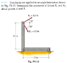 4-13 Two fores are applied to an angie bracket as shown
in Fig. P4-13. Determine the mounents of forces F, and F2
about points A and 71.
F, - 325 Ib
30
60
F =425 lb
12 in.
-12 in.
Fig P4-13
