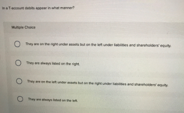 In a Taccount debits appear in what manner?
Multiple Choice
O They are on the right under assets but on the left under liabilites and shareholders' equity.
O They are always listed on the right
O They are on the left under assets but an the right under labilities and shareholders' equity.
They are always listed on the let
