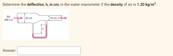 Determine the deflection, h, in cm, in the water manometer if the density of air is 1.20 kg/m³.
Air
200 Lis
20 cm
[10 cm
h
Answer:

