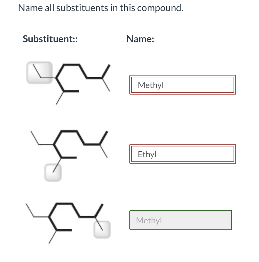Name all substituents in this compound.
Substituent::
Y
Name:
Methyl
Ethyl
Methyl