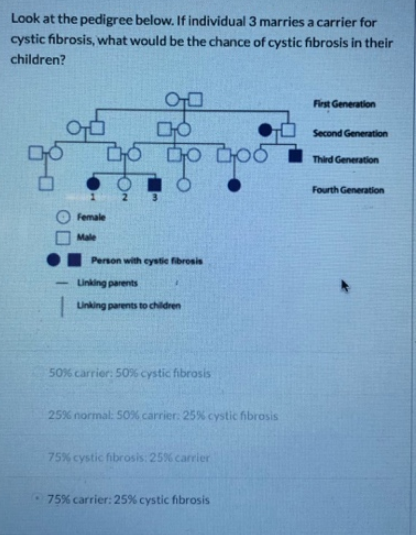 Look at the pedigree below. If individual 3 marries a carrier for
cystic fibrosis, what would be the chance of cystic fibrosis in their
children?
Female
Male
gº
go goo
Person with cystic fibrosis
-Linking parents
Unking parents to children
50% carrier: 50% cystic fibrosis
25% normal: 50% carrier: 25% cystic fibrosis
75% cystic fibrosis: 25% carrier
75% carrier: 25% cystic fibrosis
First Generation
Second Generation
Third Generation
Fourth Generation