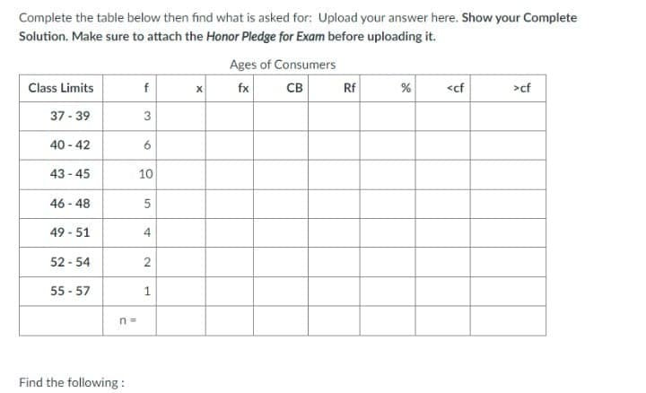 Complete the table below then find what is asked for: Upload your answer here. Show your Complete
Solution. Make sure to attach the Honor Pledge for Exam before uploading it.
Ages of Consumers
Class Limits
f
fx
CB
Rf
<cf
>cf
37 - 39
3
40 - 42
6
43 - 45
10
46 - 48
49 - 51
52 - 54
55 - 57
1
Find the following :
2.
