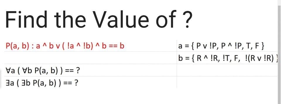 Find the Value of ?
P(a, b): a^ bv ( !a ^!b) ^ b == b
Va (Vb P(a, b) ) == ?
3a (3b P(a, b) ) == ?
a = {P v !P, P^ !P, T, F}
b = {R^ !R, !T, F, !(R v !R) }