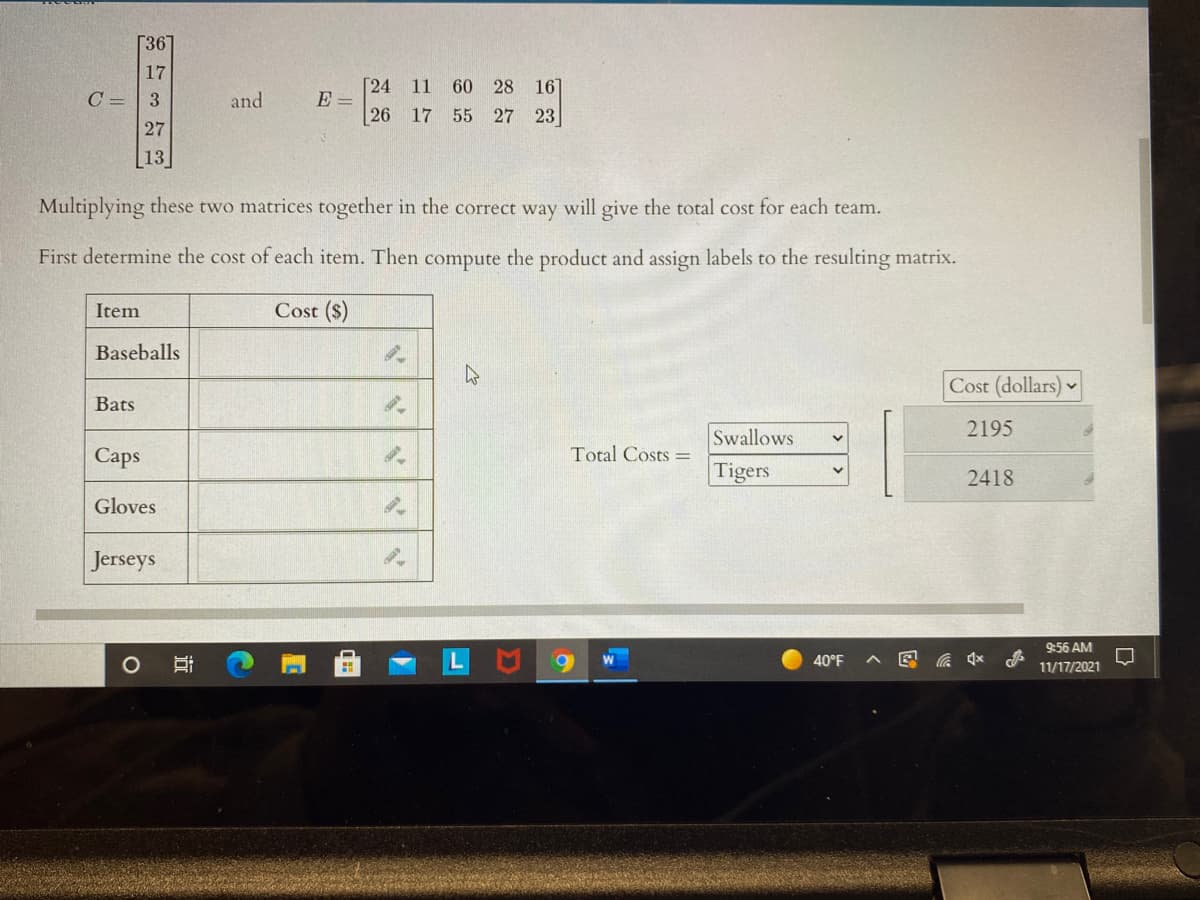 [367
17
[24 11
60 28 16]
C =
3
and
E =
26 17 55 27 23
27
13
Multiplying these two matrices together in the correct way will give the total cost for each team.
First determine the cost of each item. Then compute the product and assign labels to the resulting matrix.
Item
Cost ($)
Baseballs
Cost (dollars)
Bats
2195
Swallows
Сaps
Total Costs =
Tigers
2418
Gloves
Jerseys
9:56 AM
40°F
11/17/2021
