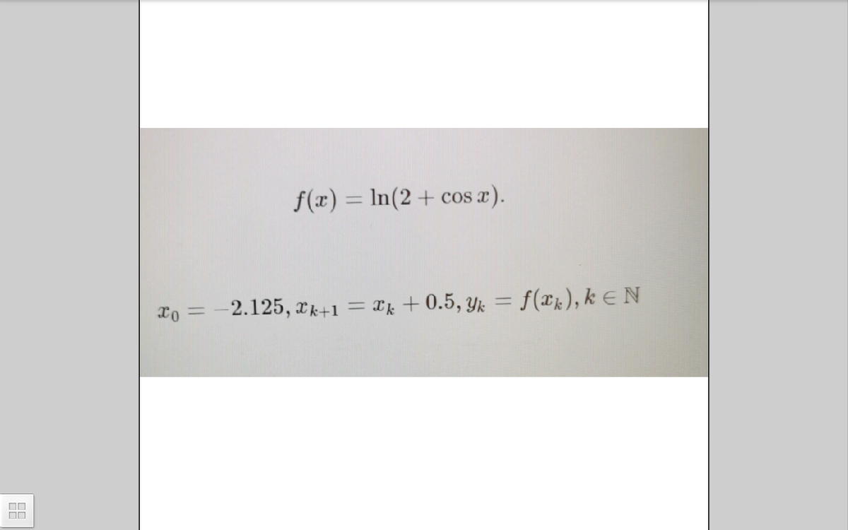 f(x) = In(2 + cos x).
%3D
2.125, xk+1 = Ik +0.5, Yk = f (x½.), k E N
%3D
%3D

