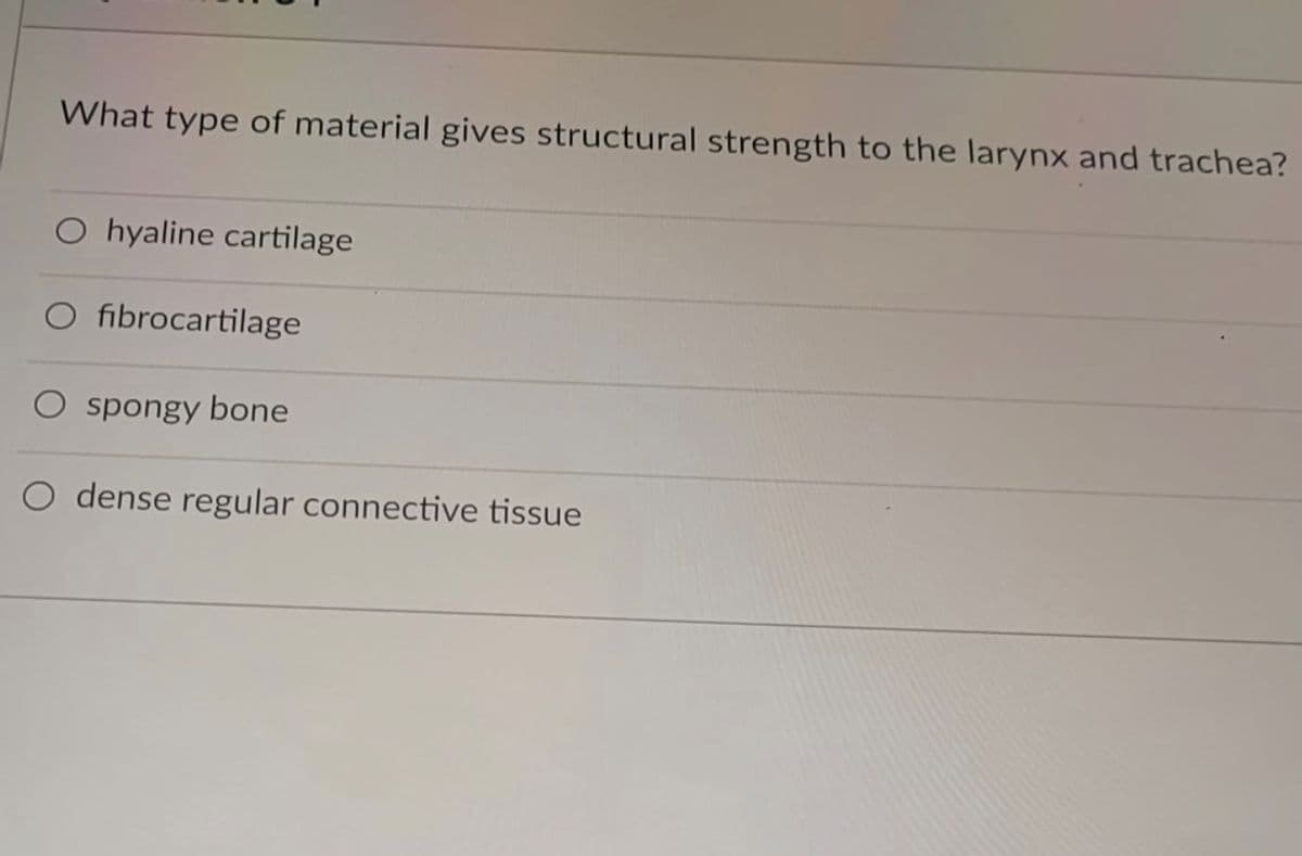 What type of material gives structural strength to the larynx and trachea?
O hyaline cartilage
O fibrocartilage
O spongy bone
O dense regular connective tissue
