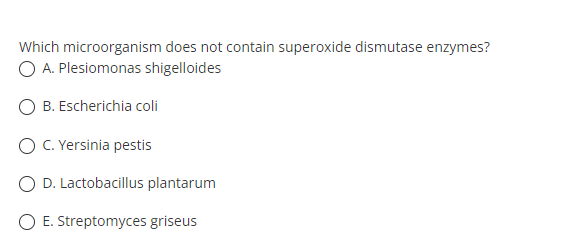 Which microorganism does not contain superoxide dismutase enzymes?
O A. Plesiomonas shigelloides
O B. Escherichia coli
O C. Yersinia pestis
D. Lactobacillus plantarum
O E. Streptomyces griseus
