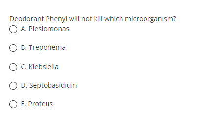 Deodorant Phenyl will not kill which microorganism?
O A. Plesiomonas
B. Treponema
O C. Klebsiella
O D. Septobasidium
O E. Proteus
