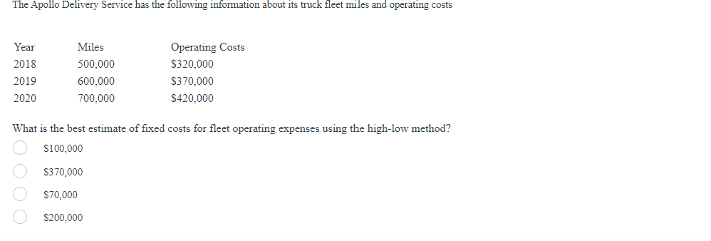 The Apollo Delivery Service has the following information about its truck fleet miles and operating costs
Year
2018
2019
2020
Miles
500,000
600,000
700,000
Operating Costs
$320,000
$370,000
$420,000
What is the best estimate of fixed costs for fleet operating expenses using the high-low method?
$100,000
$370,000
$70,000
$200,000