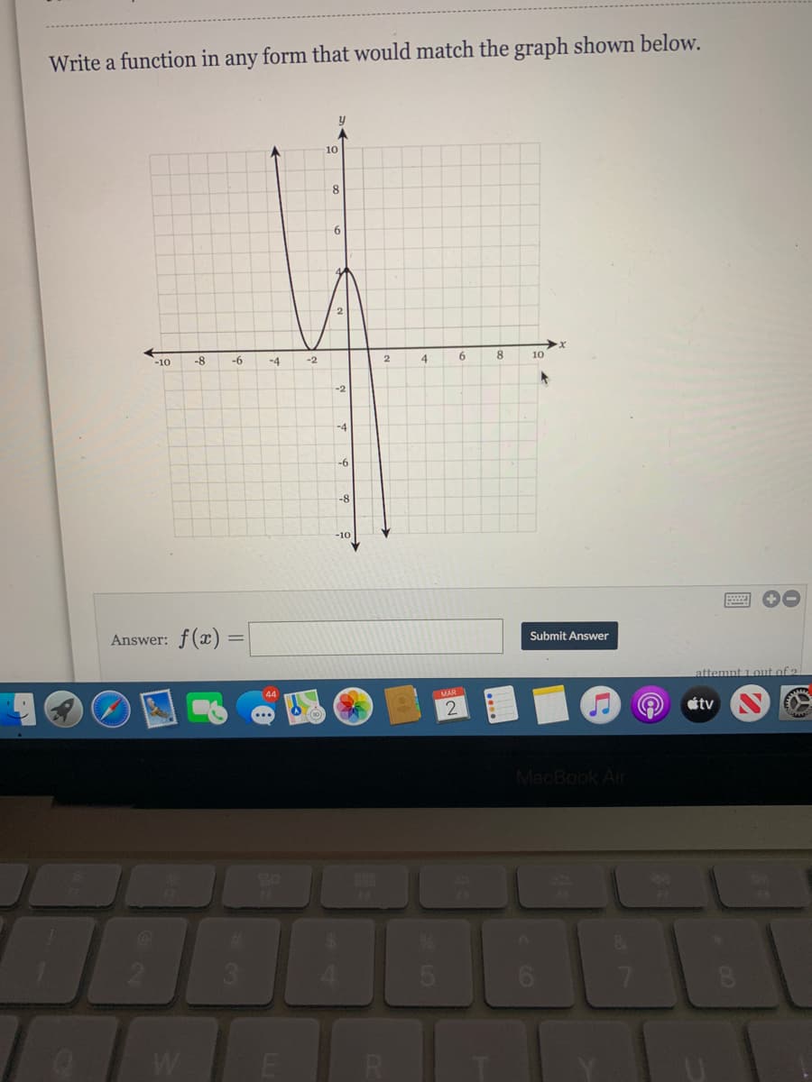 Write a function in any form that would match the graph shown below.
10
-10
-8
-6
-4
-2
4
6.
8.
10
-2
-4
-6
-8
-10
Answer: f(x) =
Submit Answer
attempt 1 out of 2
MAR
tv
MacBook Air

